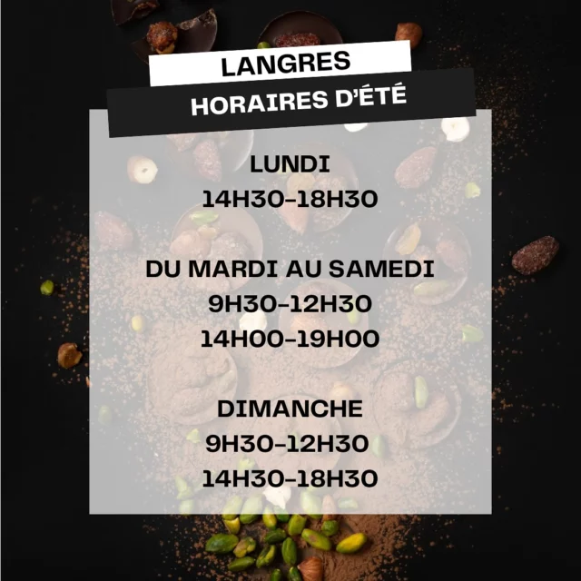 Nouveaux horaires pour nos boutiques ✨

⏰ Langres - Horaires d’été du 8 juillet au 24 août 

⌚️Chaumont - Quelques changements à partir du 8 juillet